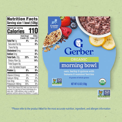 3 8PK Gerber Stage Baby Food, Organic Morning Bowl, Oats Barley & Quinoa, Baby Oatmeal