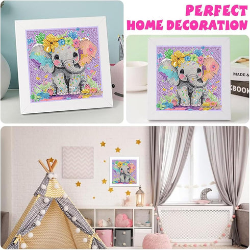 xackcme 4-8-12, Package (7x7 inch) Elephant Diamond Art Painting Kits for Kids with Frame, Animal Diamond Art for Kids