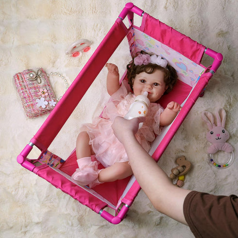 BABESIDE Baby Doll Crib, Foldable Baby Doll Bed for 17-21 Dolls, Doll Pack n Play Kids Gift with Storage Bag (Pink)