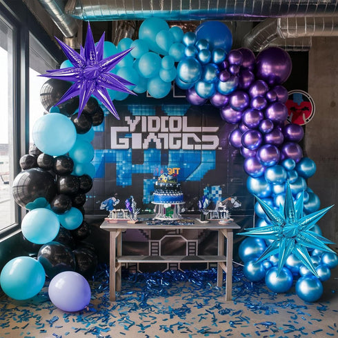 Black Purple Blue Balloon Arch Kit with 2Pcs Star Balloons, Metallic Purple Blue Garland for Kids Video Game Party