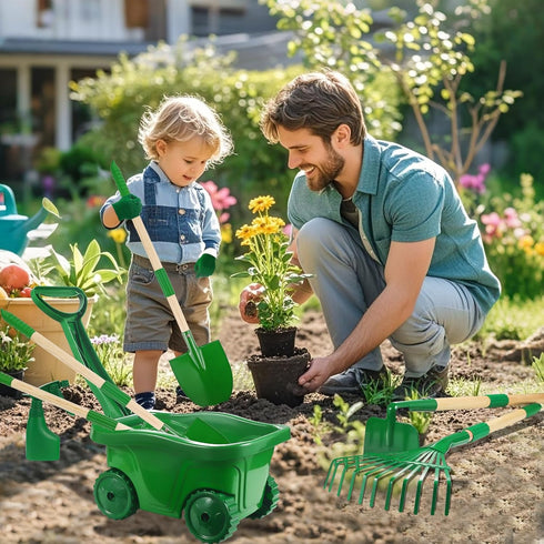 Set 10pcs Wheelbarrow Set Summer 2 3+ Duckura Kids Gardening Tools - for Kids with Shovel, Rake, Leaf Rake, Outdoor
