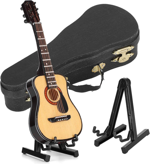 Pssopp Mini Musical Instrument Decor, 15cm Wooden Miniature Guitar Ornament for Dollhouse Home Décor Accents