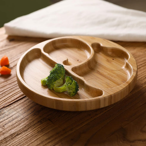 Suction Plates for Baby & Toddler, Bamboo Divided Platter with Silicone Fork & Spoon, Non-Slip Design for Weaning