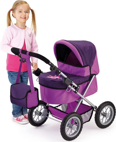 Bayer Designs Doll Pram for Dolls up to 18" - Easily Foldable Stroller, Adjustable Handle, Bag Included