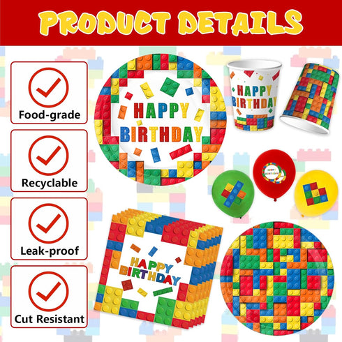 Bolake 25 Building Block Party Plates Building Block Birthday Party Supplies Decorations Serve including Disposable