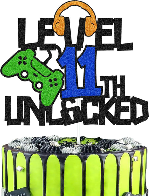 Level 11th Unlocked Cake Topper, Happy 11th Birthday Cake Decoration, Video Game Controller Theme Supplies