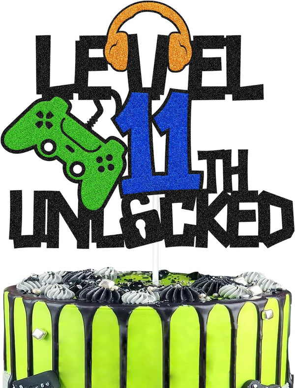 Level 11th Unlocked Cake Topper, Happy 11th Birthday Cake Decoration, Video Game Controller Theme Supplies