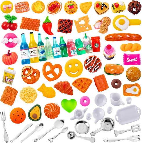 FFNIU 160 Pcs Mini Food Toys, Miniature Food Drinks Bottles for Doll Kitchen Pretend Play, Mixed Resin Kitchen Cutlery