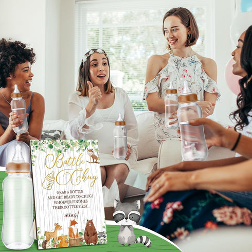 Sets 12 TrelaCo Woodland Animal Cool Baby Shower Games Bottle Chug Sign Wooden Woodland Gift Gender Reveal Party Favors