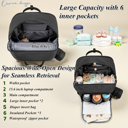 Backpack Expandable Diaper Bag for Dad and Mom Large Capacity Baby Diaper Bag with Premium Leather, Changing Pad
