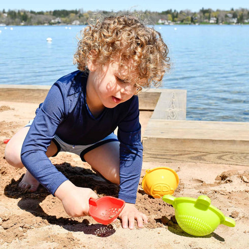Set 5 18 HABA Sand Toys Basic - Piece Bundle with Plastic Pail, Sieve, Mold, Scoop and Sifting Shovel Sized just