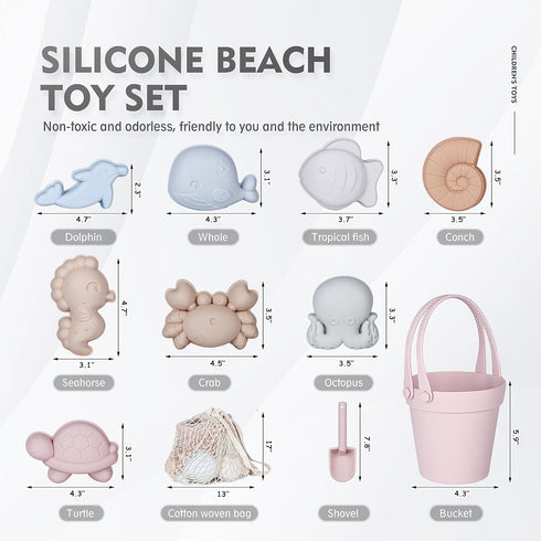 11Pcs Set,Silicone 8 MarcZero Silicone Beach Toys,Modern Baby Beach Toys,Travel Friendly Beach Bucket, Shovel, Sand