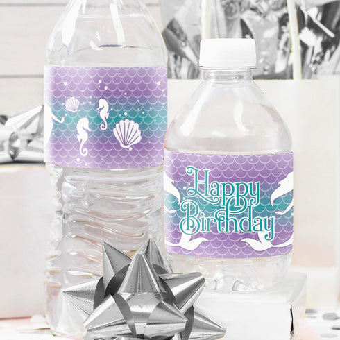 Mermaid Birthday Water Bottle Labels - 24 Stickers for Under The Sea Party Decorations, Mermaid Supplies