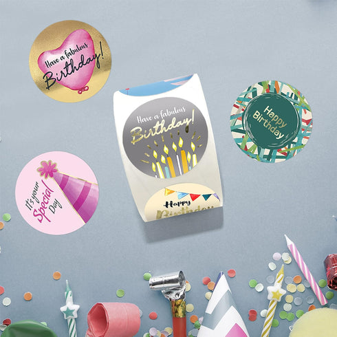 easykart 500 Happy Birthday Stickers, 6 Unique Foiling Designs for Kids Birthday Party Decoration, 1.5 Inch (1 Roll)