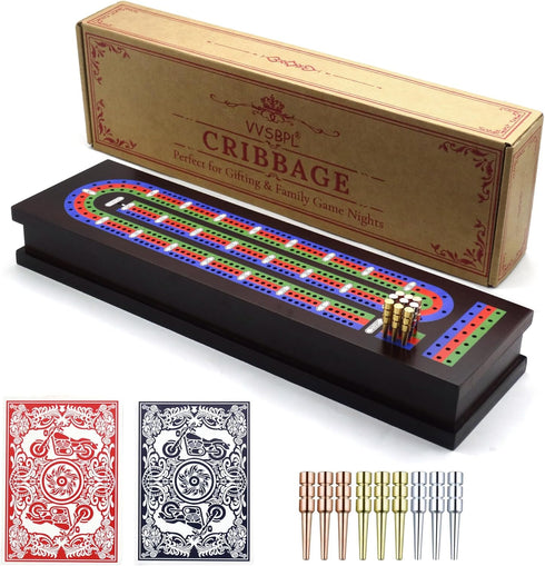 VVSBPL Wooden Cribbage Board Game Set with Metal Pegs and 2 Decks of