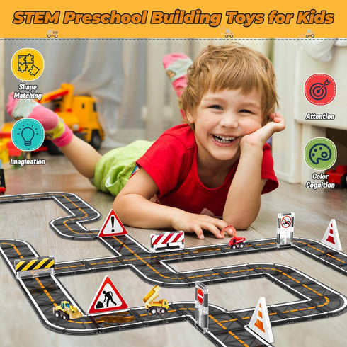 Set, 3 4 5 Magnetic Tiles, Magnetic Blocks Engineering Construction Vehicle Road Toddler Toys for Year Old Boys Girls