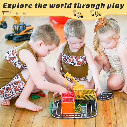 Set 4-6 5-7, 3+ Coodoo Kids Games Magnetic Tiles Road with Extendable Magnetic Crane, City Construction Building Toys