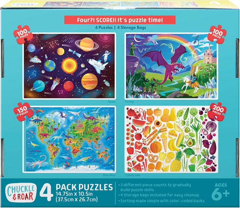 Chuckle & Roar - 4 Pack Space, World Map, Fantasy, Food Puzzles - Larger pieces designed for preschool hands - 100 & 200 PC Jigsaw Puzzles