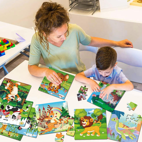 16 Piece Colorful Wooden Puzzles for Kids Ages 3-5, Educational Toys for Boys and Girls (9 Puzzles)