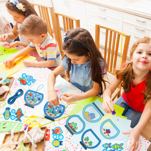 24 Sets Fishbowl Paper Crafts for Kids, DIY Aquarium Tissue Paper Sign Craft Kit, Fun Home Activities (4 Styles)