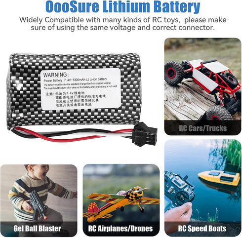 HJ 7.4V 1300mAh SM3P Li-ion Batteries with 2S Charging Cable for Hobby Remote & App Controlled Vehicle Toys