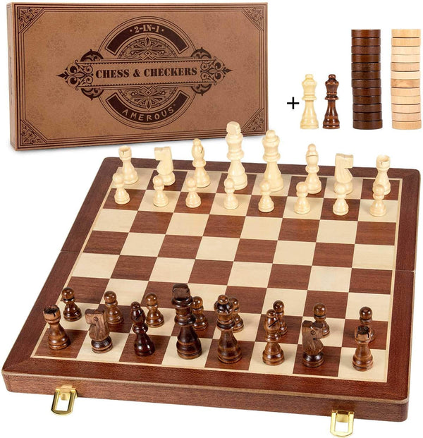 AMEROUS 15 Inches Magnetic Wooden Chess & Checkers Set (2 in 1)