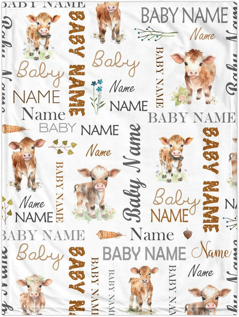 Novusopt Personalized Baby Blanket for Boys Cow Monogrammed Receiving Blanket Customized Soft Flannel