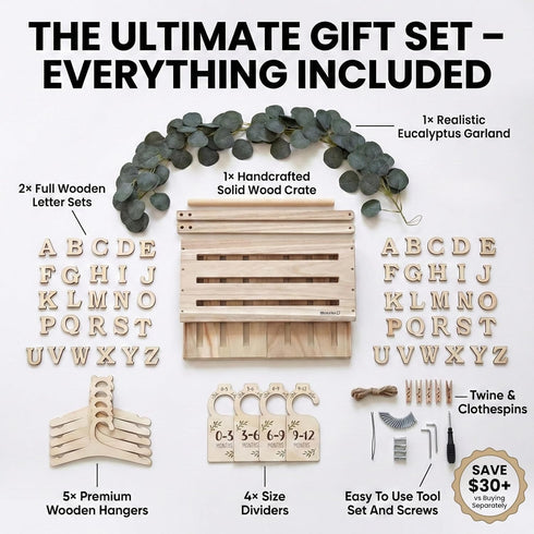 lifemories Closet 2X Sets, 5 Wooden Baby Shower Crate & Basket with Hanger Rack - Customizable Gift Basket