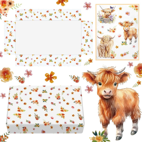 Set Set Sets Mixweer Highland Cow Crib Bedding for Boys Girls Colorful Flower Baby Crib Bedding Mini Cattle Comforter