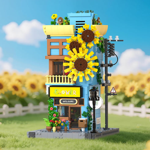 Set 3-Story 1580PCS Sunflower House Building with LED Light, Japanese Street View House Blocks, Creator Architecture