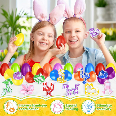 24 Pack Prefilled Easter Eggs with Snake Twist Toys, Blocks Fidget Toys Easter Gifts for Easter Hunt, Basket Stuffers