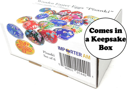 Importer AM Set 6 Polish Easter Hand Painted Wooden Eggs (Pisanki) Decorative Eggs for Easter of Medium Eggs