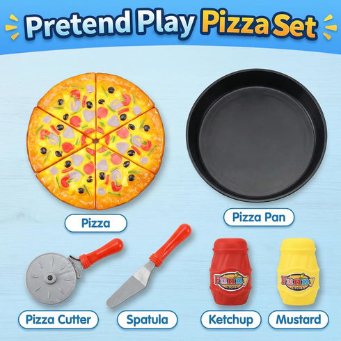 11 Set Playset PCS Pizza Party Toy Play for Kids, Pizza Pie Pretend Play Food - Slice and Serve Plastic Kitchen Cooking