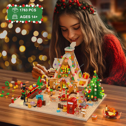 2025 Set 14+ (1763PCS) PLAXSOON Christmas Gingerbread House Courtyard Mini Building with Lights, Christmas Village