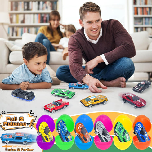 NEUBSAW 16 Packs Easter Eggs with Die-cast Cars for Boys, Prefilled Easter Eggs for Kids Toddlers Easter Basket