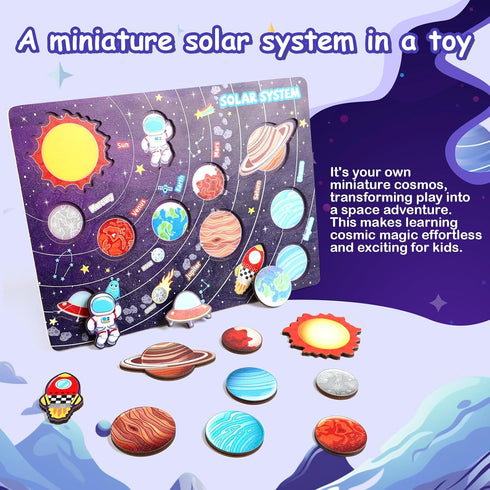 Gserin Wooden Solar System Puzzle for Kids, Montessori Toys Movable Planets Board Game for Toddlers, Outer Space Themed