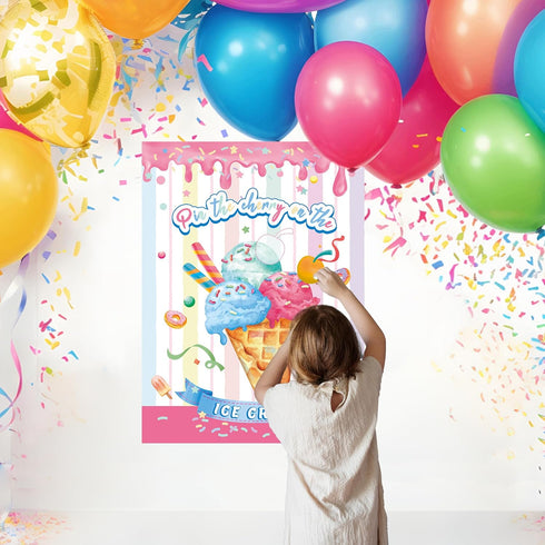 WNSIRVY 21'' 28'' 30 Pin The Cherry on The Ice Cream Game x Large Ice Cream Party Games Poster with Pcs Cherry Stickers