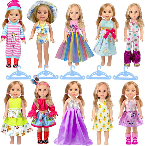 10-Sets Doll Clothes for American 14-inch Dolls, Handmade Outfits and Accessories, Christmas Gift