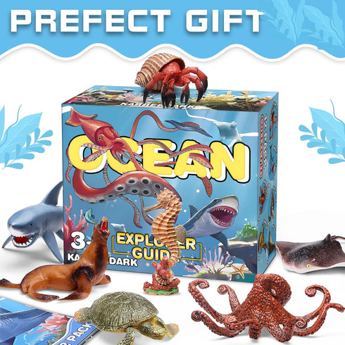 12 Pack Ocean Animal Toys with Educational Booklet for Kids, Realistic Soft Plastic Creatures Model Figures for Toddler