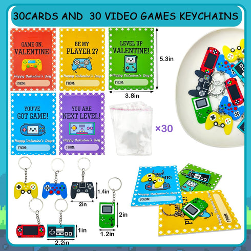 Valentines Day Gifts Cards for Kids Classroom - 30 Pack Video Games Keychains with Class Exchange Cards