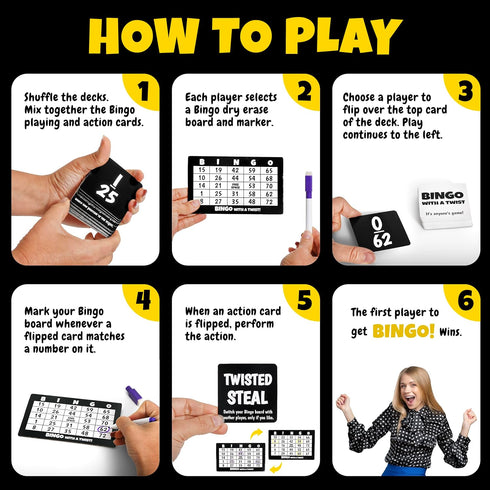 Bingo with a Twist Party Game, Bingo with Action Cards, Fun Twist, Action Cards with a Block, Swap, and Steal, no More