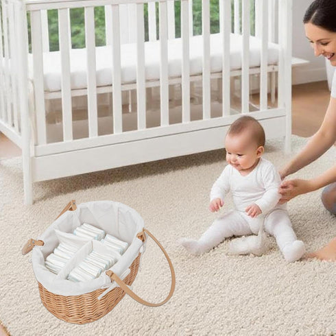 Handwoven Wicker Diaper Caddy Organizer, Multi - functional Baby Diaper Bag for Nursery & Home Storage, Detachable