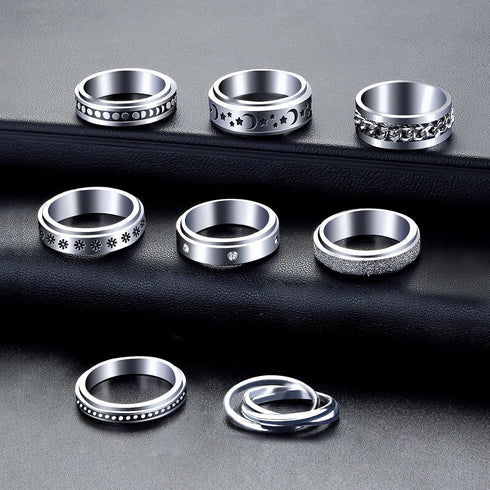 8pcs MUCAL Fidget Rings for Anxiety Stainless Steel Spinner Ring Anti Anxiety Ring Spinning Moon Star Cool Stress