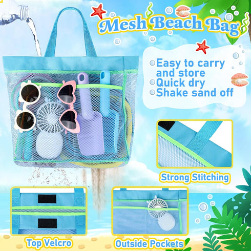 2 Packs Collapsible Beach Buckets for Kids, Foldable Sand Buckets and Shovels with Mesh Beach Bag, Silicone Sand Pails