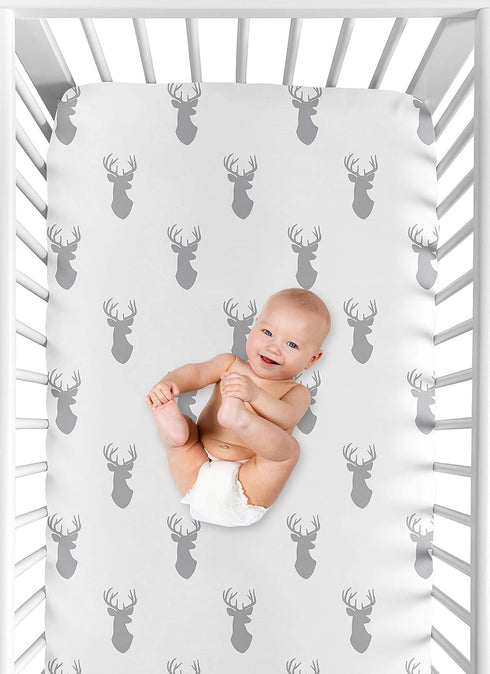 Fitted Crib Sheet for Grey and White Woodland Deer Baby Bedding Set Collection, Deer Print