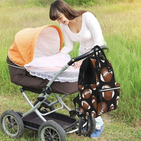 ZSUUGJ Backpack Brown Football On Black Printed Diaper Bag Baby Bag Multi Function Baby Changing Bags For Travel