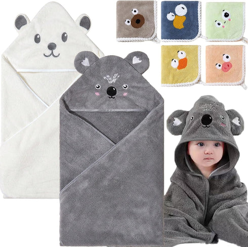 2 Pack Baby Towels with Hood and 5 Baby Washcloths, Ultra Absorbent Cotton Bath Towel Set for Newborn Unisex, 31.5x31.5