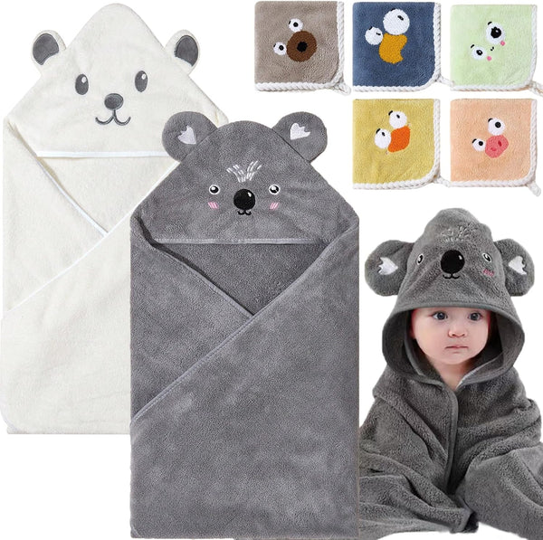 2 Pack Baby Towels with Hood and 5 Baby Washcloths, Ultra Absorbent Cotton Bath Towel Set for Newborn Unisex, 31.5x31.5