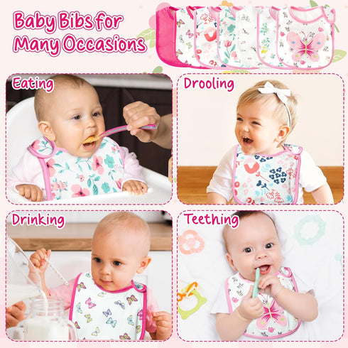 7Pcs Cotton Waterproof Baby Bibs - Hook Loop Closure, Keepsake Gift for Newborns, Drooling, Feeding, Eating