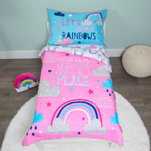 Funhouse Let's Chase Rainbows Toddler Bedding Set - 4 Piece Comforter, Sheet Set for Girls Bed, Pink